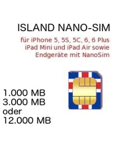 Island Prepaid Daten NANO-SIM inkl. 1000-12.000 MB für iPhone 5, 5C, 5S, 6, 6Plus, iPhone 7, iPad MINI, iPad Air, iPad Pro und Endgeräte mit NanoSim