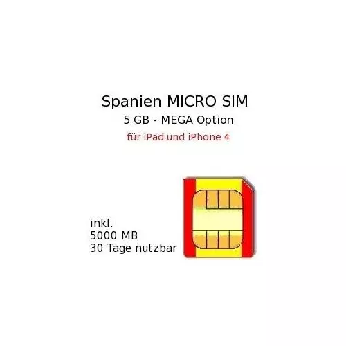 Spanien Prepaid 5 -10 GB / 30 Tage MICROSIM für iPhone 4, iPad 1-4 und Smartphones mit MicroSIM #1