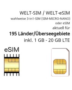 WELT SIM bzw. eSIM für 195 Länder, Inseln und Überseegebiete